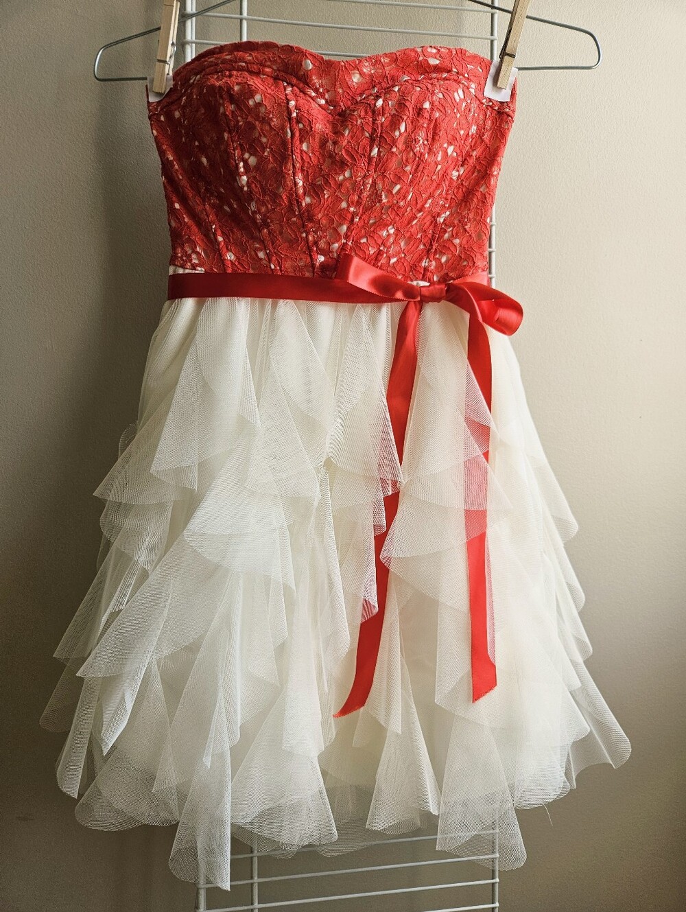 B. Darlin Strapless Lace And Tulle Homecoming Dress In Coral Pink And Ivory 1/2